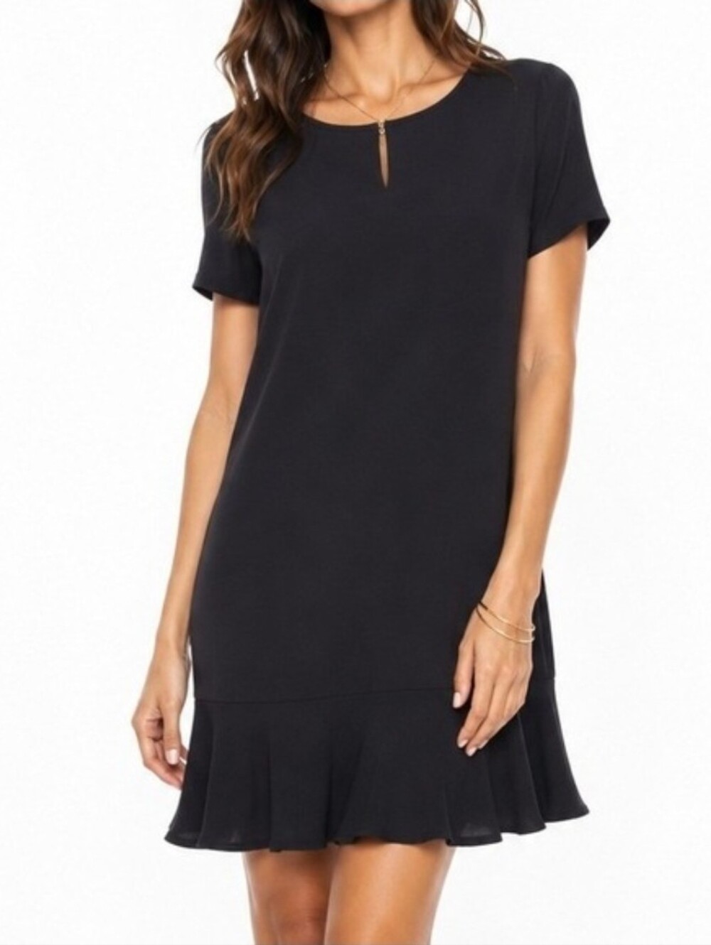 WHBM Black Short Sleeve Keyhole Ruffle Hem Dress Size XS